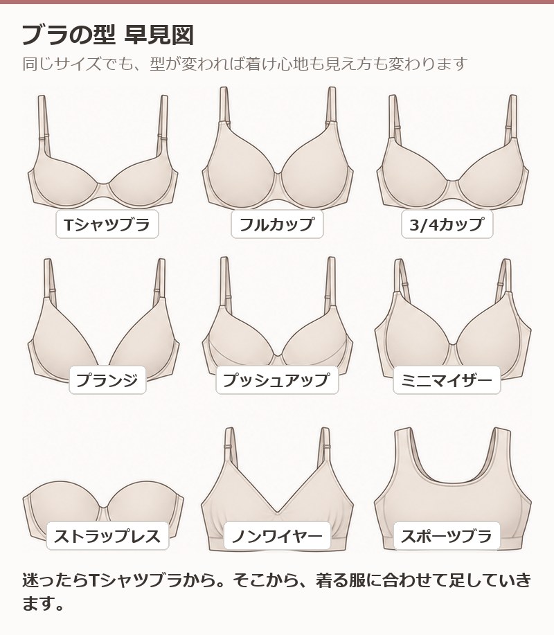 ブラの型9種類を並べた早見図