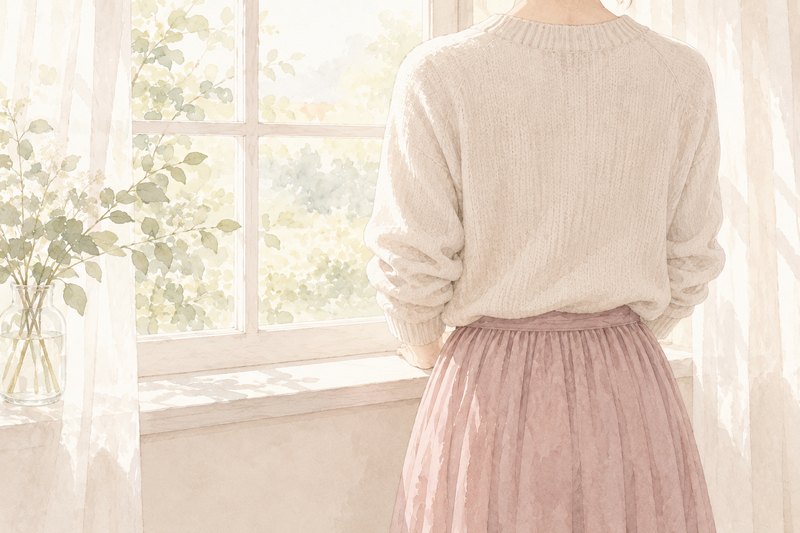 薄手のニットを着て窓辺に立つ女性の後ろ姿のイラスト