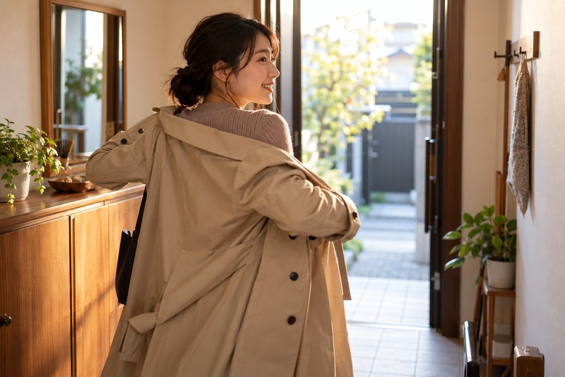 夕方前の玄関で、秋のトレンチコートを羽織りながら出かけようとしている女性の後ろ姿と横顔
