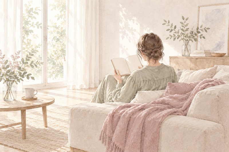 休日の午後、部屋着でソファに座って本を読む女性のイラスト