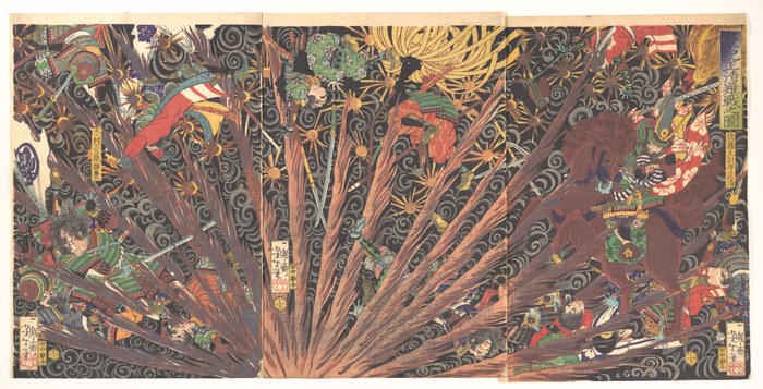 合戦の場面を描いた三枚続きの版画（月岡芳年、1866年）