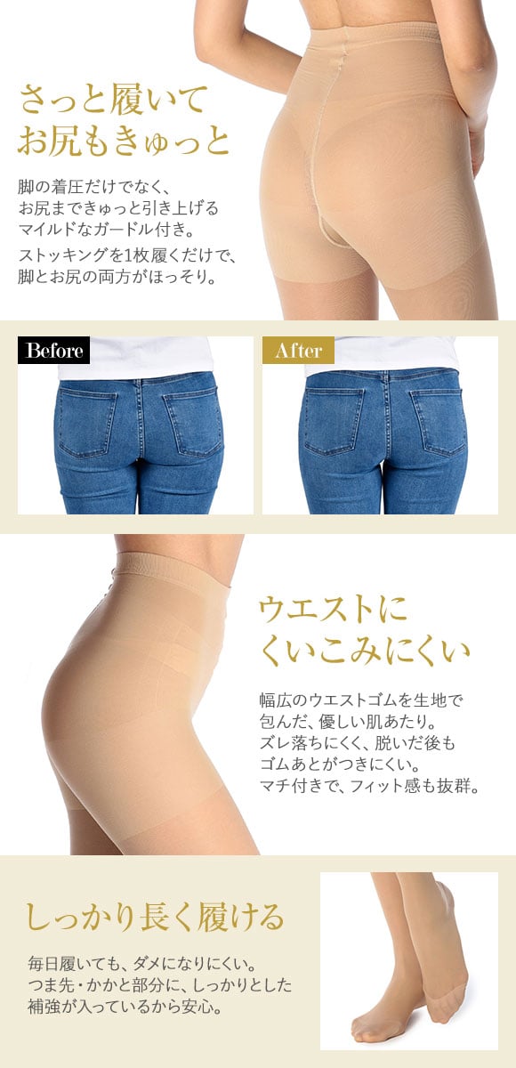 黄金比の着圧 WomanWalker ガードル付き キツくない弾性ストッキング 140デニール