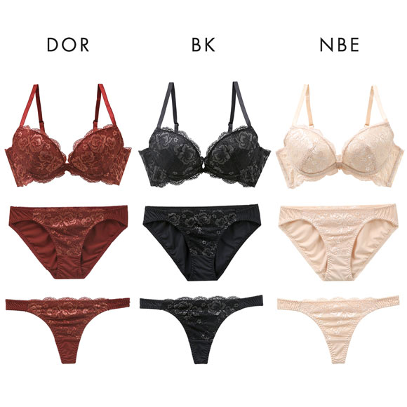 アブソール Absorle 脇高リッチローズレースブラ ブラジャー ショーツ Tバック 3点 セット 大きいサイズ 成型モールド