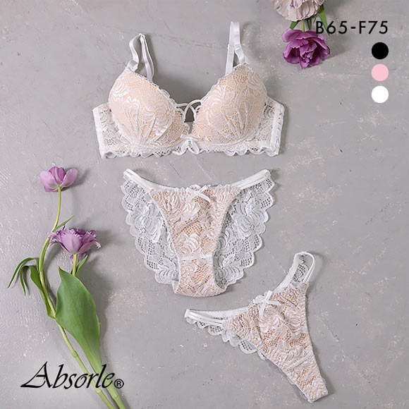 アブソール Absorle シュクレフラワー ブラジャー ショーツ Tバック 3点セット 大きいサイズ 成型モールド 総レース