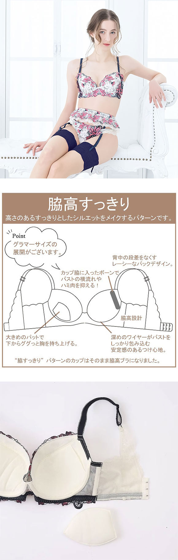 ドゥペルル リリーフロレッタ 脇高すっきりブラジャー GH 大きいサイズ グラマー 脇高 脇肉 谷間 バストアップ リフトアップ