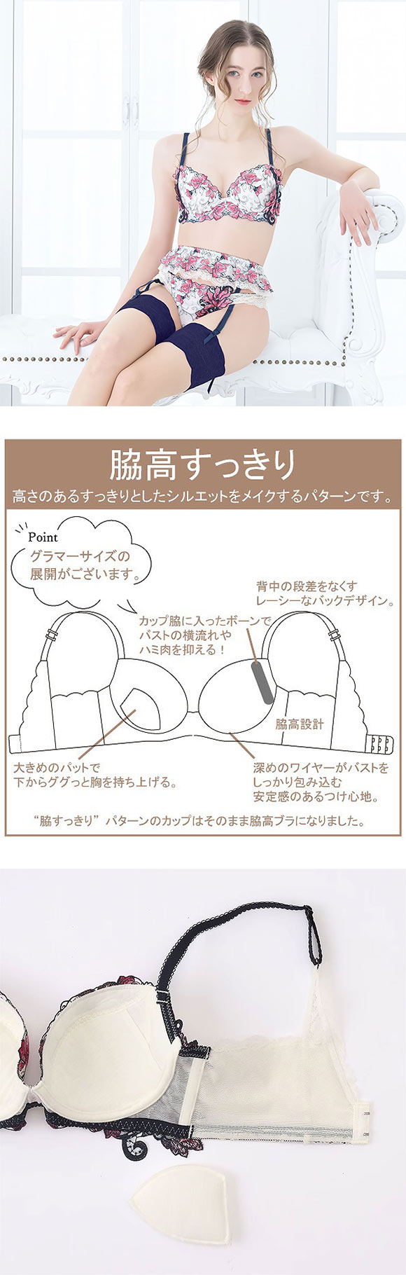 ドゥペルル リリーフロレッタ 脇高すっきりブラジャー BCDEF 大きいサイズ グラマー 脇高 脇肉 谷間 バストアップ リフトアップ