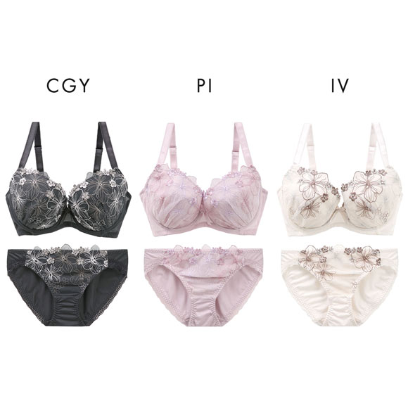 グラマーサイズブラ フラワー刺繍 ブラジャー ショーツ セット 脇高 脇肉 大きいサイズ DEFG