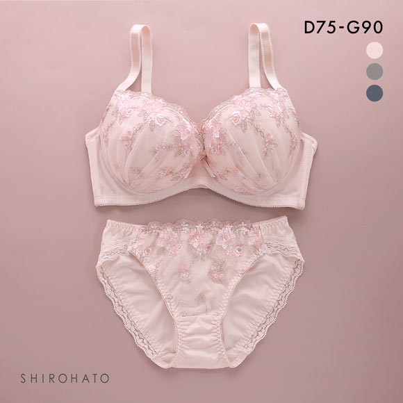 グラマーサイズブラセット プチフラワー刺繍 DEFG75-90 ブラジャー ショーツ セット 脇高 脇肉 大きいサイズ お得 上下