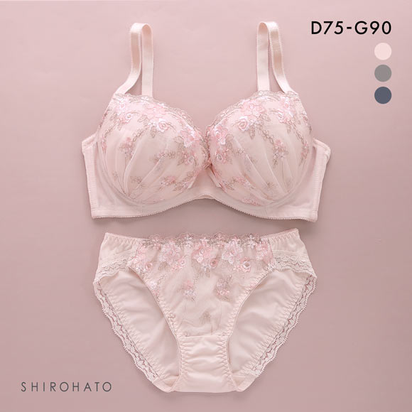グラマーサイズブラセット プチフラワー刺繍 DEFG75-90 ブラジャー ショーツ セット 脇高 脇肉 大きいサイズ お得 上下