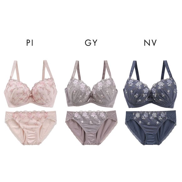 グラマーサイズブラセット プチフラワー刺繍 DEFG75-90 ブラジャー ショーツ セット 脇高 脇肉 大きいサイズ お得 上下