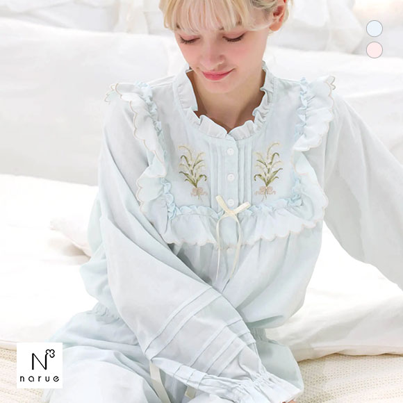 ナルエー NARUE パジャマ ダブルガーゼフラワーブーケ刺繍フリルパジャマ ルームウェア セットアップ 上下セット 長袖 レディース