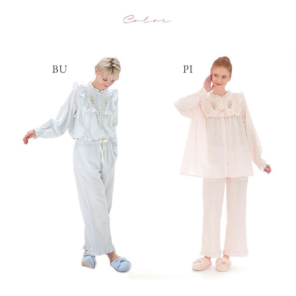 ナルエー NARUE パジャマ ダブルガーゼフラワーブーケ刺繍フリルパジャマ ルームウェア セットアップ 上下セット 長袖 レディース