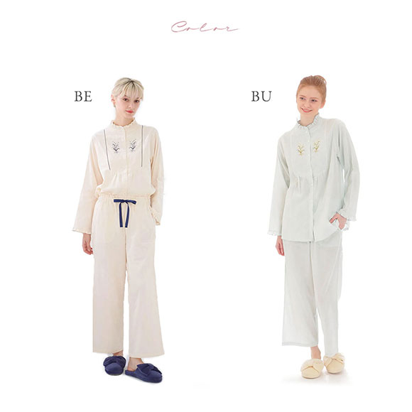 ナルエー NARUE パジャマ ダブルガーゼフラワーブーケ刺繍パジャマ ルームウェア セットアップ 上下セット 長袖 レディース