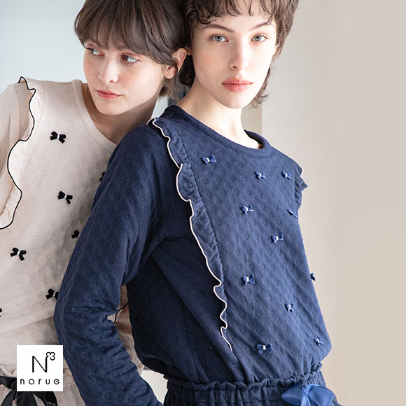 ナルエー NARUE パジャマ 裏綿接結(綿入り)プチリボンフリル セットアップ 上下セット ルームウェア 長袖