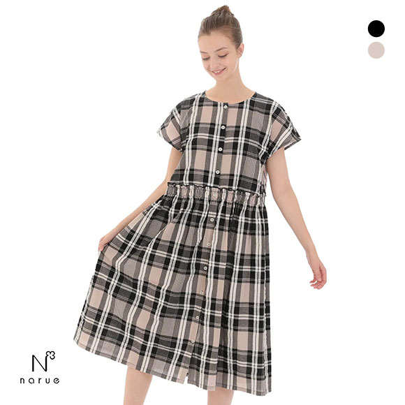 ナルエー NARUE パジャマ 変わり織りサッカーチェックワンピース ルームウェア ドレス 半袖 綿100％
