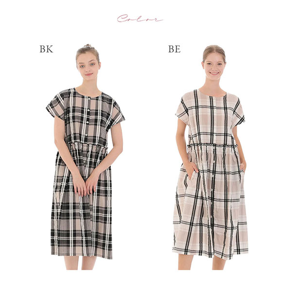 ナルエー NARUE パジャマ 変わり織りサッカーチェックワンピース ルームウェア ドレス 半袖 綿100％