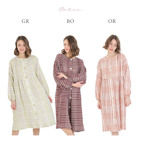 ナルエー パジャマ シュークリームガーゼRチェックワンピース ルームウェア ドレス ネグリジェ レディース NARUE