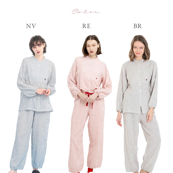 ナルエー パジャマ シュークリームガーゼRストライプスタンドカラーパジャマ ルームウェア ロングパンツ 長袖 上下セット NARUE