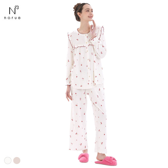 ナルエー パジャマ コットン接結チェリーフリルパジャマ セットアップ ルームウェア NARUE moontan