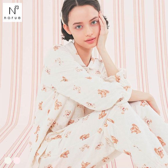 ナルエー パジャマ 裏綿接結(綿入り)テディーベアシャツパジャマ セットアップ 上下セット ルームウェア 長袖 Narue