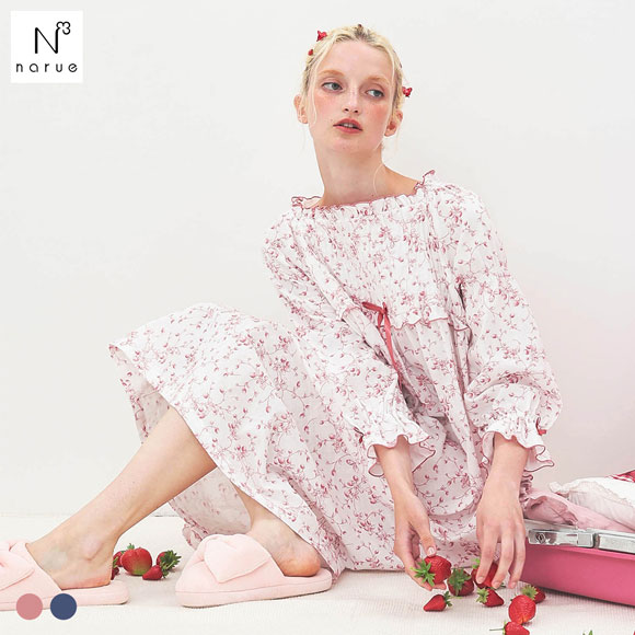 ナルエー パジャマ 40/ダブルガーゼプティフレーズドレス ルームウェア ワンピース ドレス 綿100％ ネグリジェ NARUE