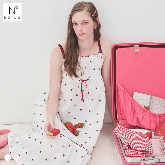 ナルエー パジャマ コットンダブルガーゼいちごキャミソールドレス ワンピース ルームウェア 綿100％ NARUE