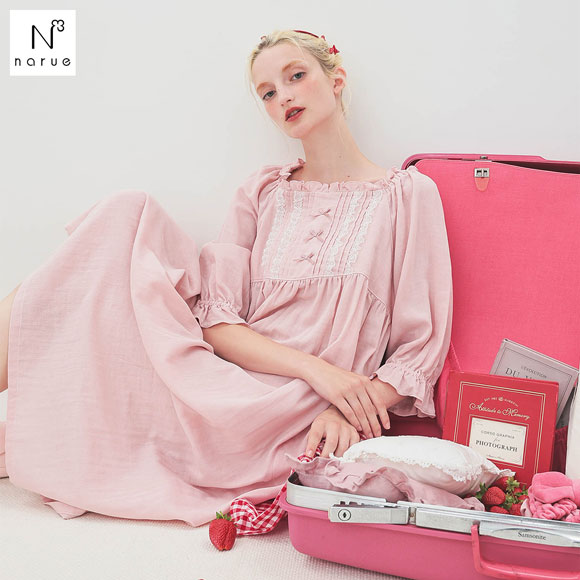 ナルエー パジャマ コットンダブルガーゼレーシーフリルドレス ルームウェア 7分袖 レディース NARUE