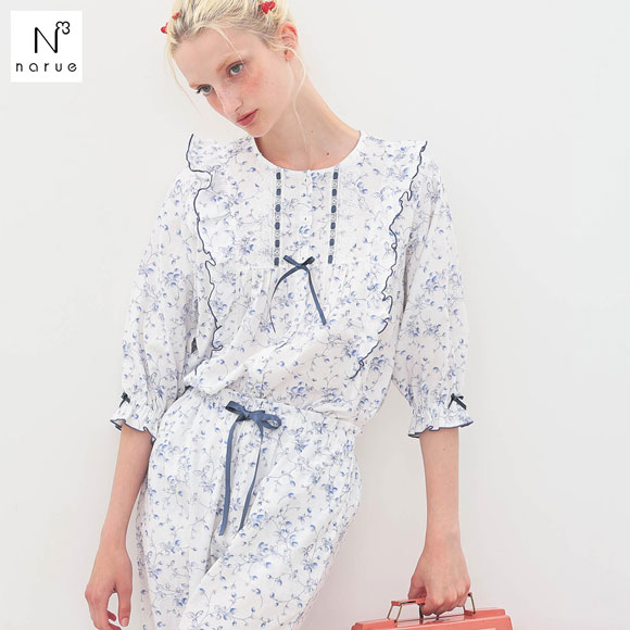 ナルエー パジャマ 40/ダブルガーゼプティフレーズフリル7分袖パジャマ セットアップ 上下セット ルームウェア 7分丈 綿100％ Narue
