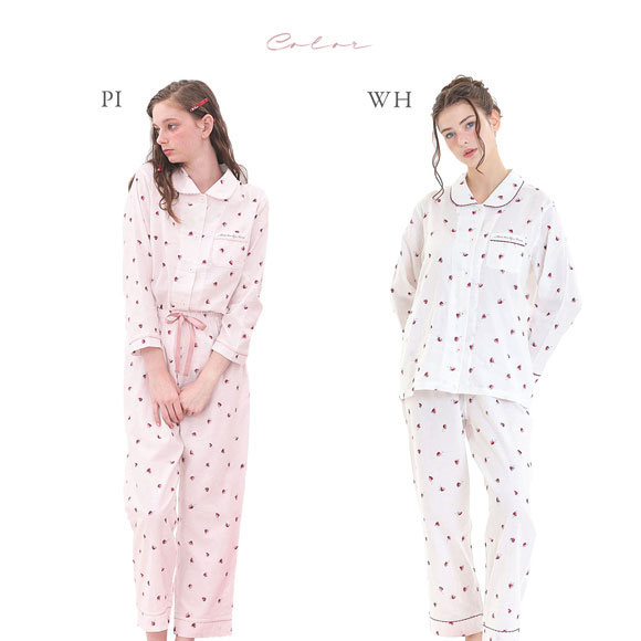 ナルエー パジャマ コットンダブルガーゼいちごシャツパジャマ ルームウェア ロングパンツ 長袖 上下セット 綿100％ NARUE
