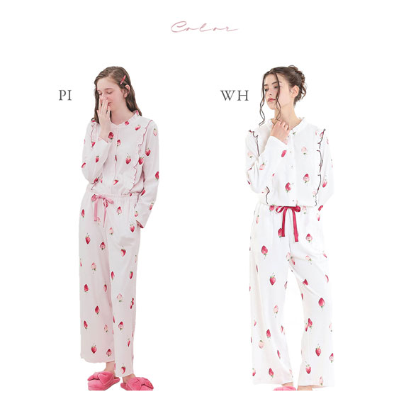 ナルエー パジャマ コットンスムースいちごフリルパジャマ セットアップ 上下セット ルームウェア 長袖 綿100％ NARUE