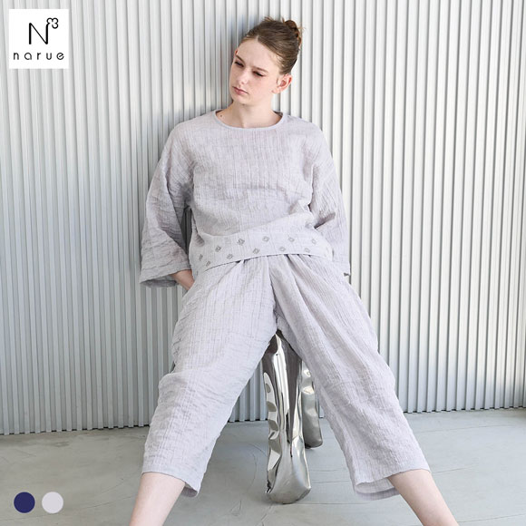 ナルエー パジャマ シャーリングダブルガーゼプティ刺繍セットアップ 上下セット セットアップ 7分袖 9分丈 ルームウェア NARUE