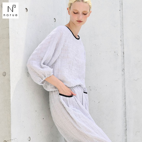 ナルエー パジャマ シャーリングダブルガーゼラインチェックセットアップ 上下セット ルームウェア 7分袖 9分丈 NARUE