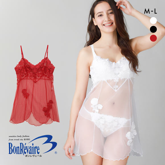 ボンレヴェール BonRevaire バラ柄チュールレース シースルー レース ミニスリップ 日本製