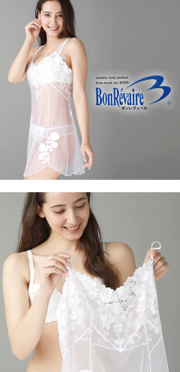 ボンレヴェール BonRevaire バラ柄チュールレース シースルー レース ミニスリップ 日本製