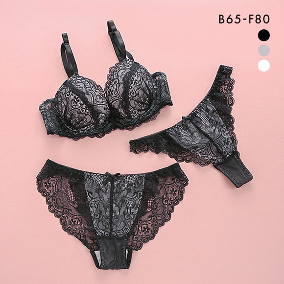 カシュクール 総レース ブラジャー ショーツ Tバック 3点セット BCDEF 大きいサイズ バックレース