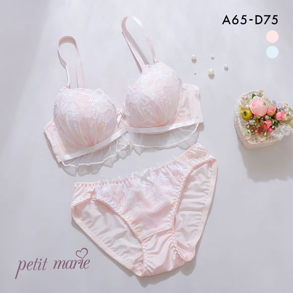 プチマリー ピュアフラワープリント ブラジャー ショーツ セット フリル モールドカップ ABCD petit marie WHITE
