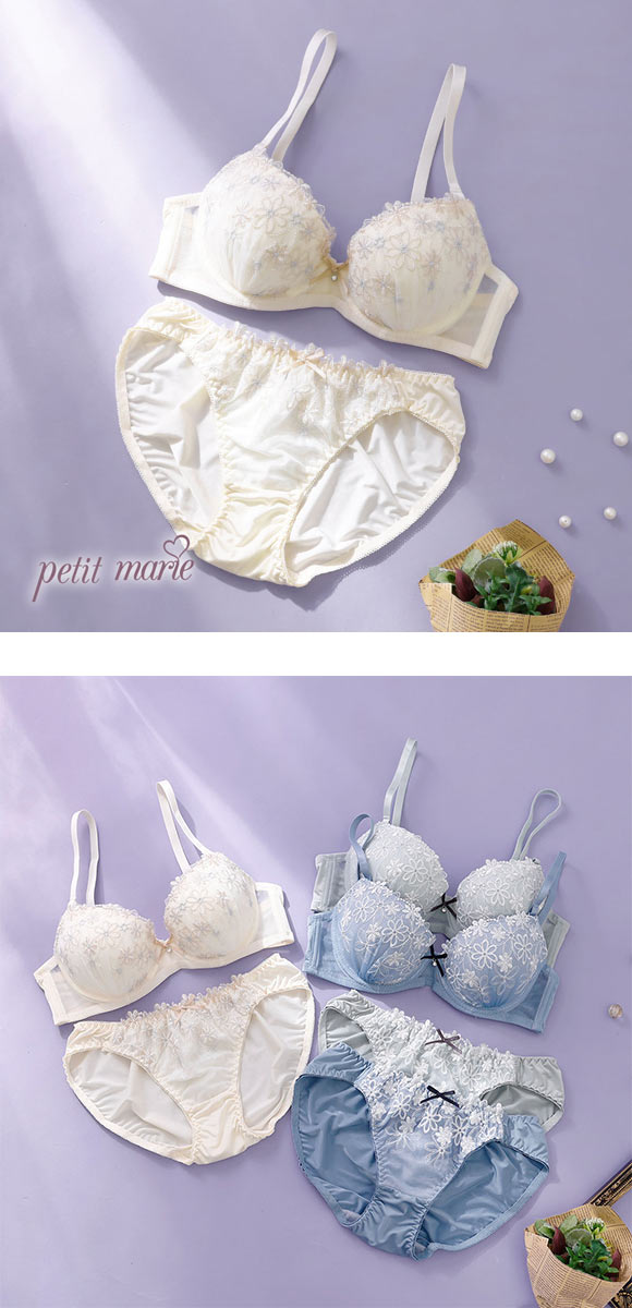 プチマリー ラメフラワー ブラセット モールド ABCD ブラジャー ショーツ セット petit marie WHITE