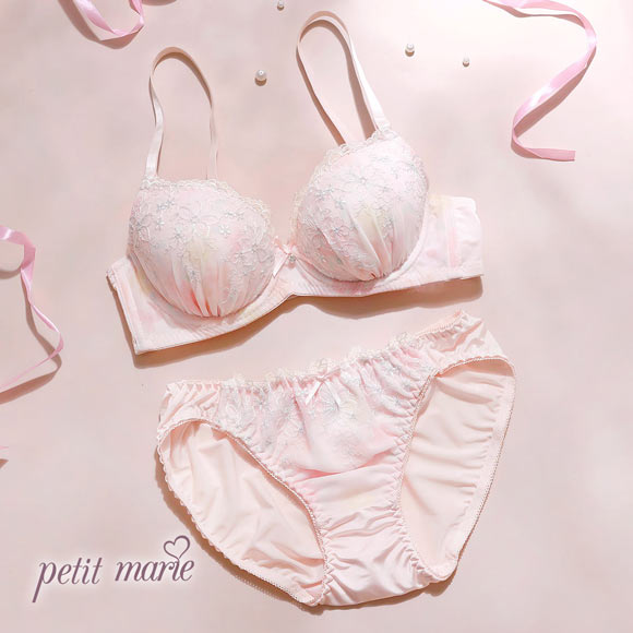 プチマリー ラメフラワープリント ブラセット モールドカップ ABCD ブラジャー ショーツ セット petit marie WHITE