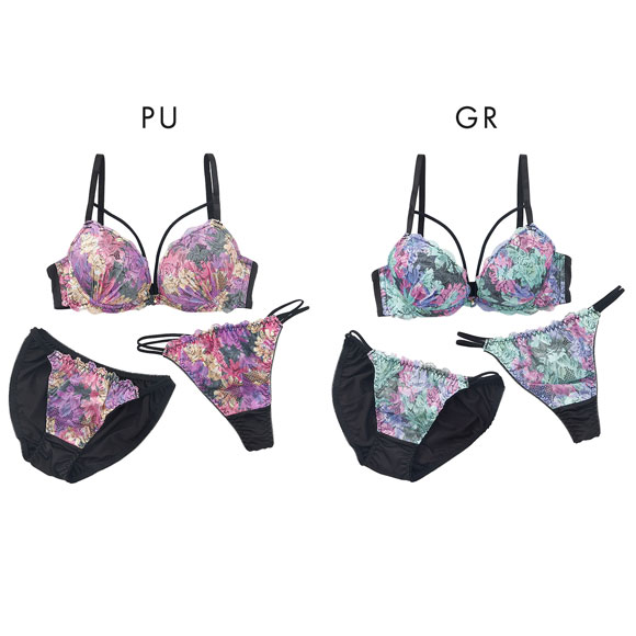プチマリー ビビッドフラワーコード ブラジャー ショーツ セット Tバック 3点セット ABCD petit marie BLACK