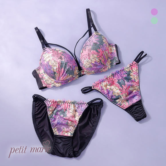 プチマリー ビビッドフラワーコード ブラジャー ショーツ セット Tバック 3点セット EF 大きいサイズ petit marie BLACK