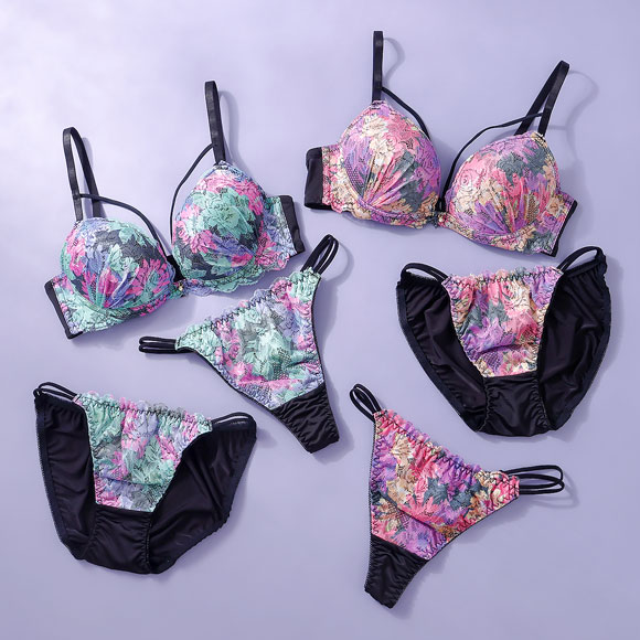 プチマリー ビビッドフラワーコード ブラジャー ショーツ セット Tバック 3点セット EF 大きいサイズ petit marie BLACK