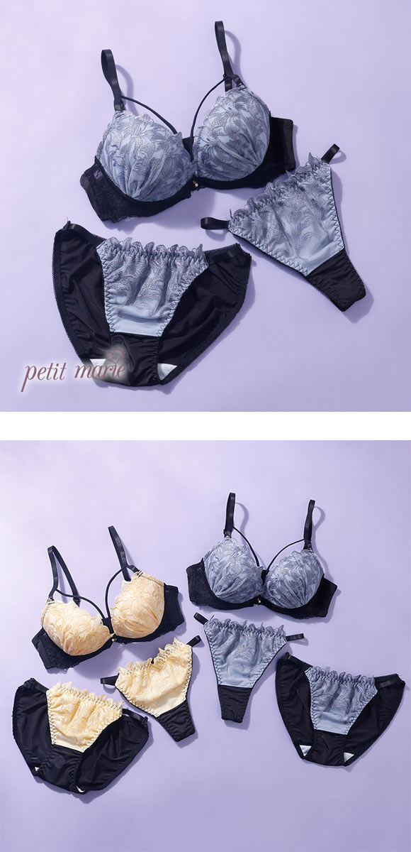プチマリー リリーレースコード ブラジャー ショーツ セット Tバック 3点セット ABCD petit marie BLACK
