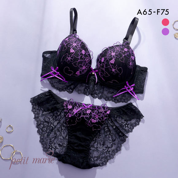 プチマリー ダークハート ブラセット モールド ABCDEF ブラジャー ショーツ セット Wパッド 盛り petit marie BLACK