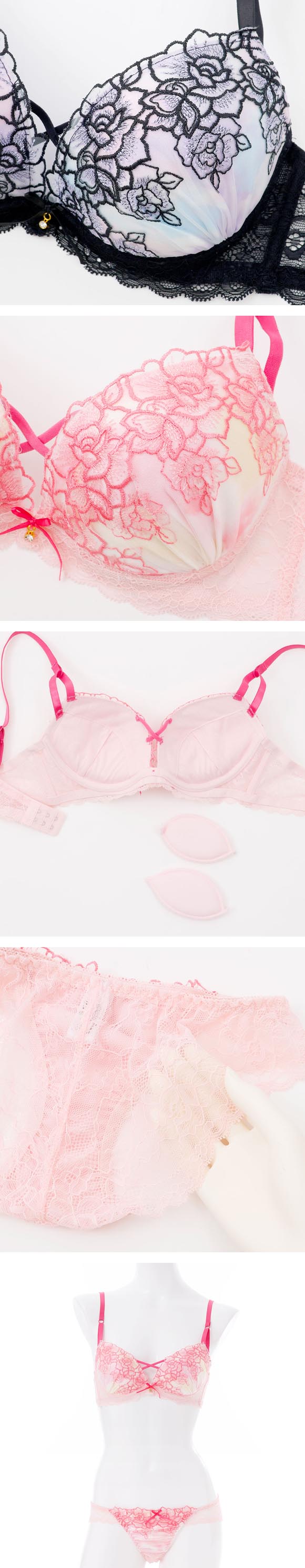 プチマリー グラデプリントコード ブラセット ABCDEF ブラジャー ショーツ セット Wパッド 盛り バックレース petit marie BLACK