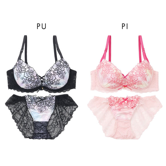 プチマリー グラデプリントコード ブラセット ABCDEF ブラジャー ショーツ セット Wパッド 盛り バックレース petit marie BLACK