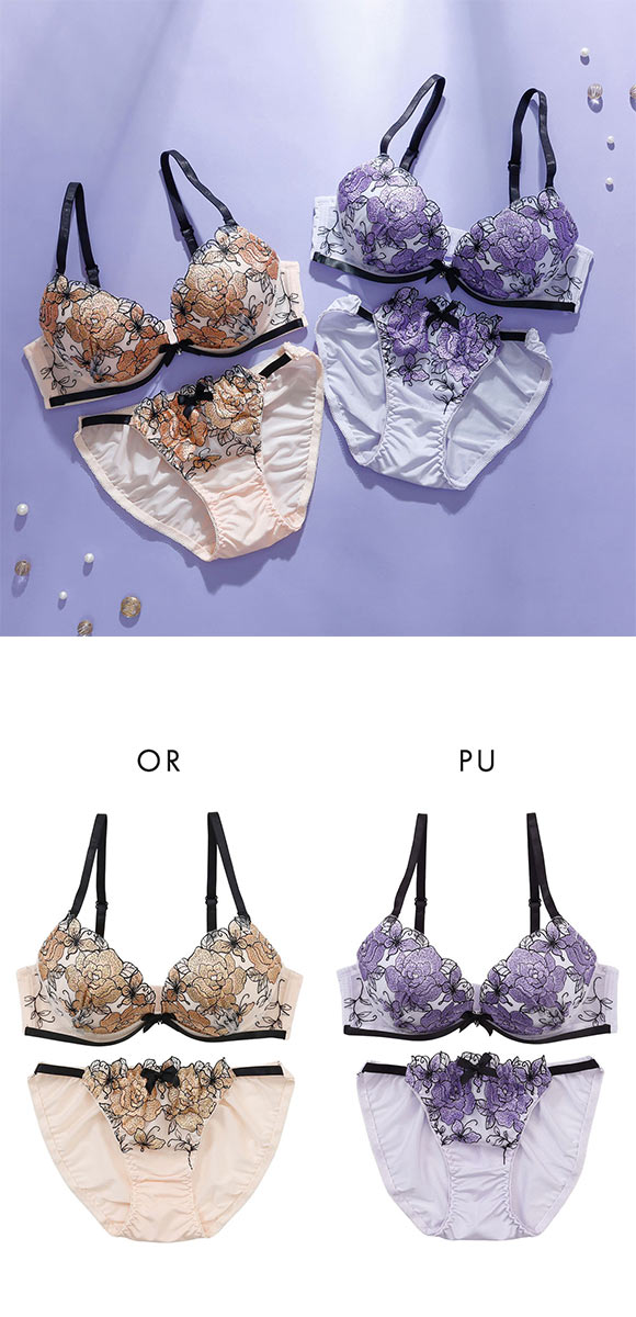 プチマリー ローズ刺繍 ブラセット ABCDEF ブラジャー ショーツ セット ノーマルショーツ 谷間 盛りブラ petit marie BLACK