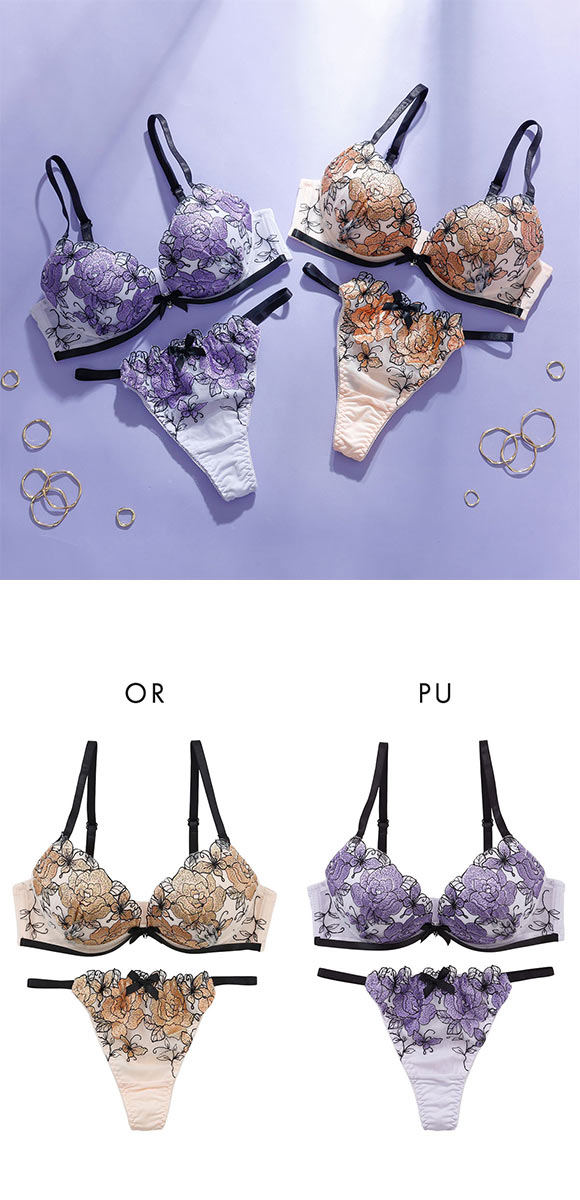 プチマリー ローズ刺繍 ブラセット ABCDEF ブラジャー ショーツ セット Tバックショーツ 谷間 盛りブラ petit marie BLACK