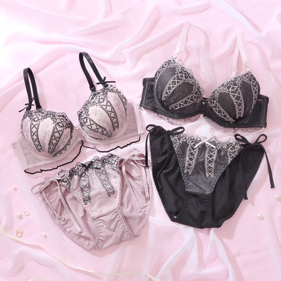 プチマリー ミスティフルール ブラセット ABCDEF ブラジャー ショーツ セット 編み上げ風 紐ショーツ petit marie BLACK