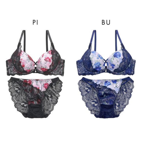 プチマリー ローズプリント ブラセット ABCDEF ブラジャー ショーツ セット Wパッド 盛り バックレース petit marie BLACK