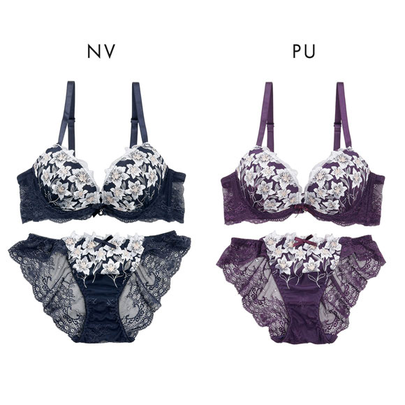 プチマリー ムーンライトフラワー ブラジャー ノーマルショーツ セット ABCDEF ブラセット 脇高 谷間 盛りブラ petit marie BLACK